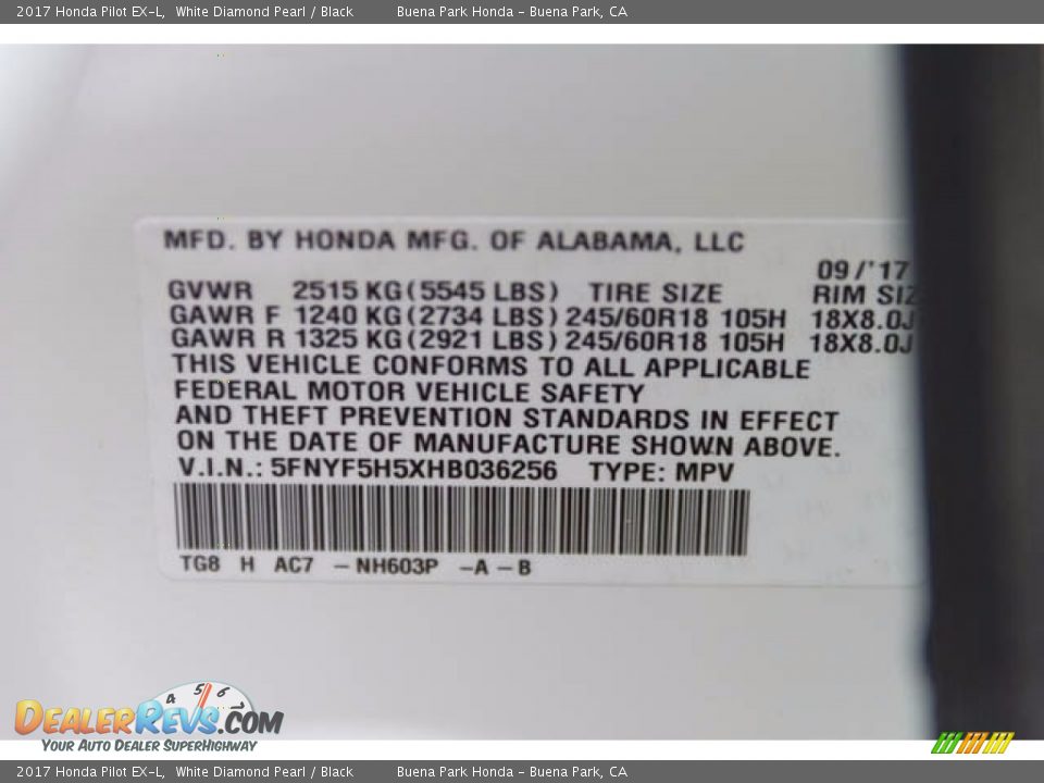 2017 Honda Pilot EX-L White Diamond Pearl / Black Photo #20