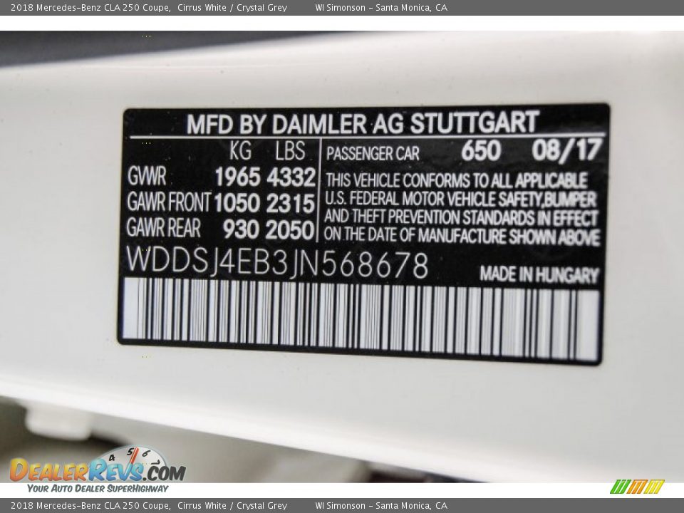 2018 Mercedes-Benz CLA 250 Coupe Cirrus White / Crystal Grey Photo #10