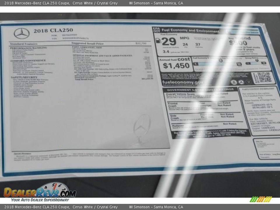2018 Mercedes-Benz CLA 250 Coupe Cirrus White / Crystal Grey Photo #11