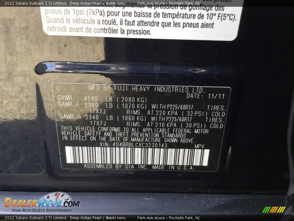 2012 Subaru Outback 2.5i Limited Deep Indigo Pearl / Warm Ivory Photo #33