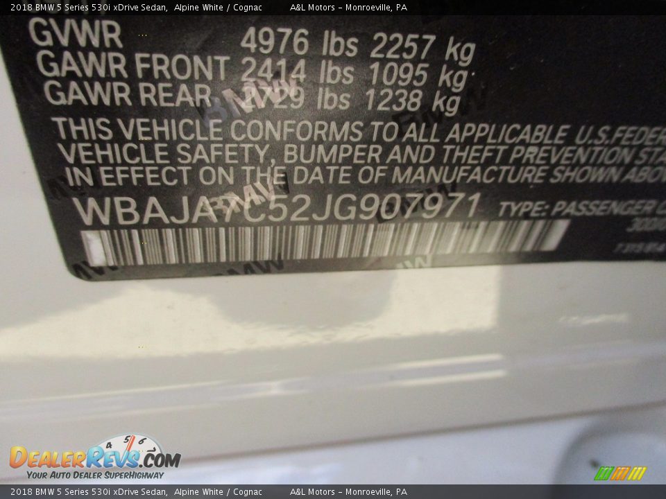 2018 BMW 5 Series 530i xDrive Sedan Alpine White / Cognac Photo #12