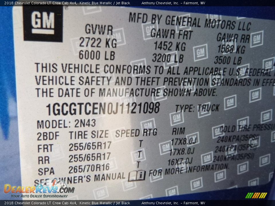 2018 Chevrolet Colorado LT Crew Cab 4x4 Kinetic Blue Metallic / Jet Black Photo #16