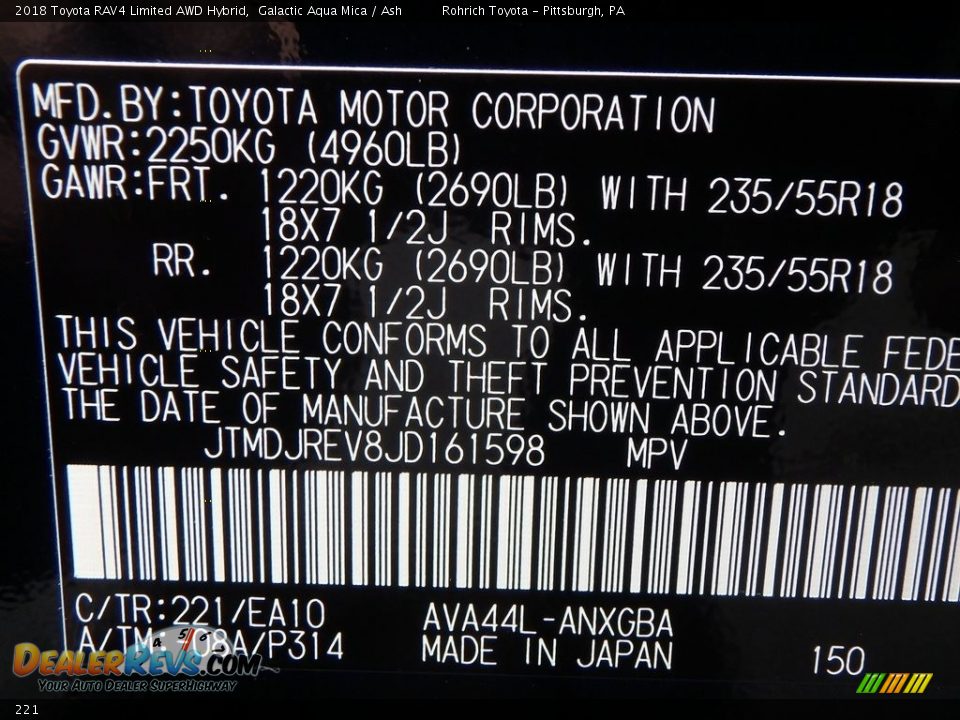 Toyota Color Code 221 Galactic Aqua Mica
