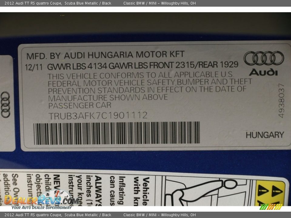 2012 Audi TT RS quattro Coupe Scuba Blue Metallic / Black Photo #26