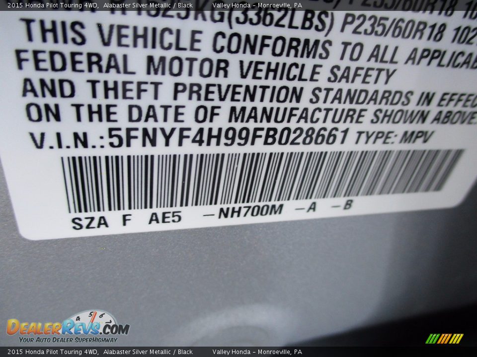 2015 Honda Pilot Touring 4WD Alabaster Silver Metallic / Black Photo #19