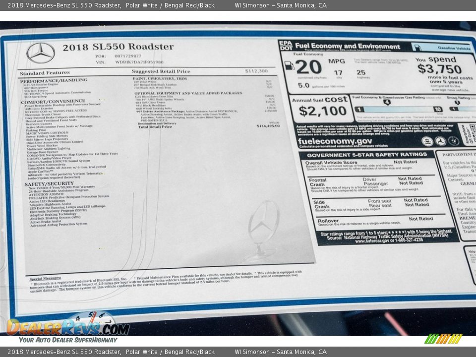 2018 Mercedes-Benz SL 550 Roadster Window Sticker Photo #11