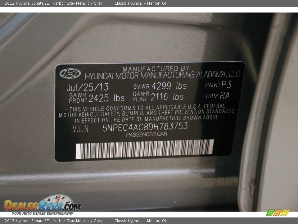 2013 Hyundai Sonata SE Harbor Gray Metallic / Gray Photo #17