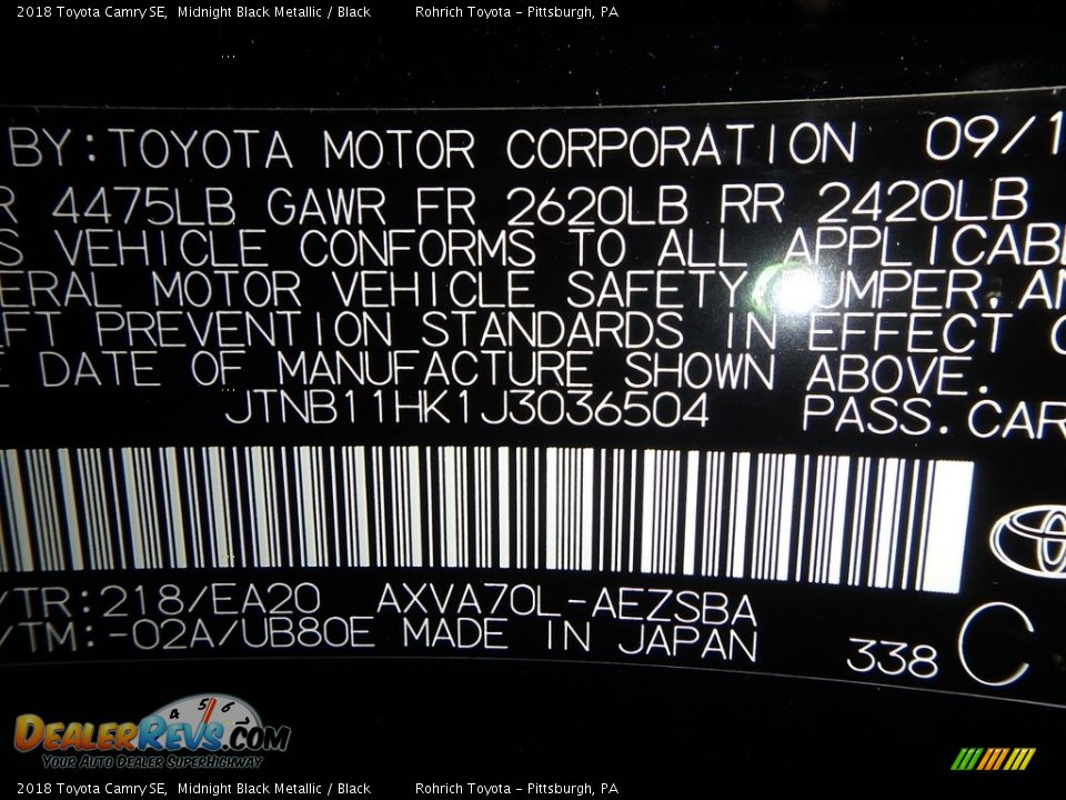 2018 Toyota Camry SE Midnight Black Metallic / Black Photo #10