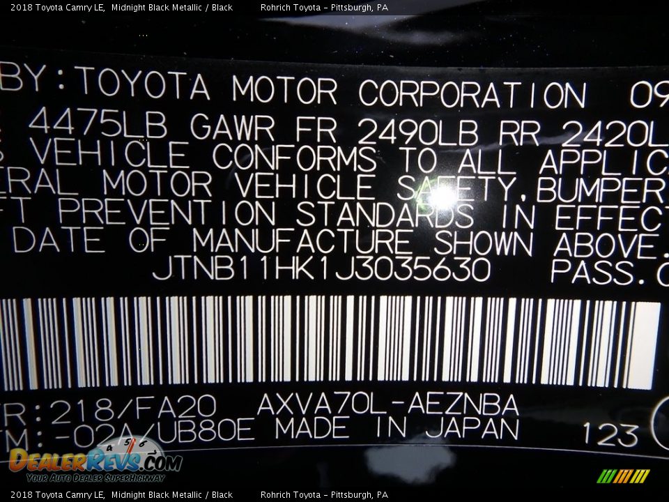 2018 Toyota Camry LE Midnight Black Metallic / Black Photo #10