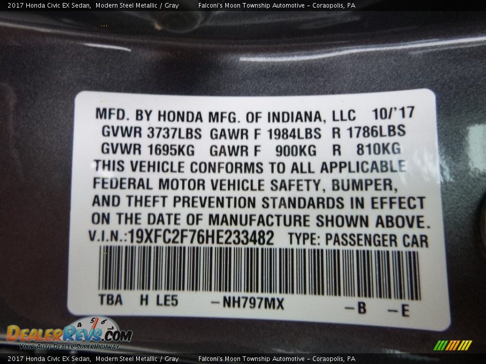 2017 Honda Civic EX Sedan Modern Steel Metallic / Gray Photo #12