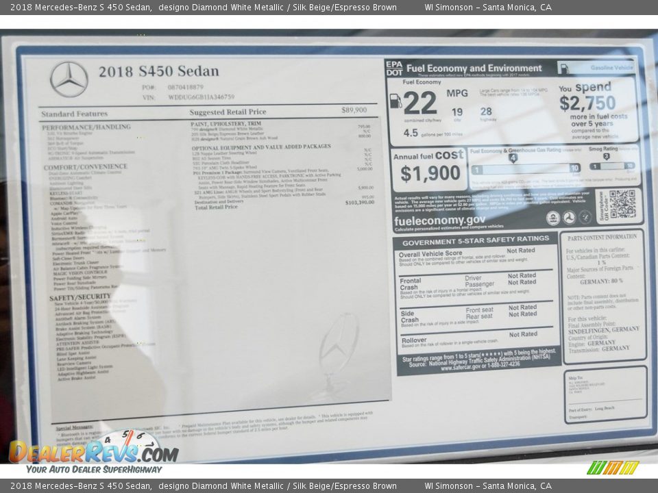 2018 Mercedes-Benz S 450 Sedan Window Sticker Photo #11