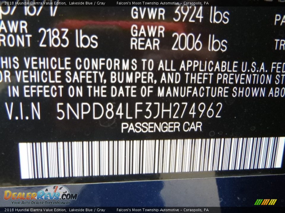 2018 Hyundai Elantra Value Edition Lakeside Blue / Gray Photo #12