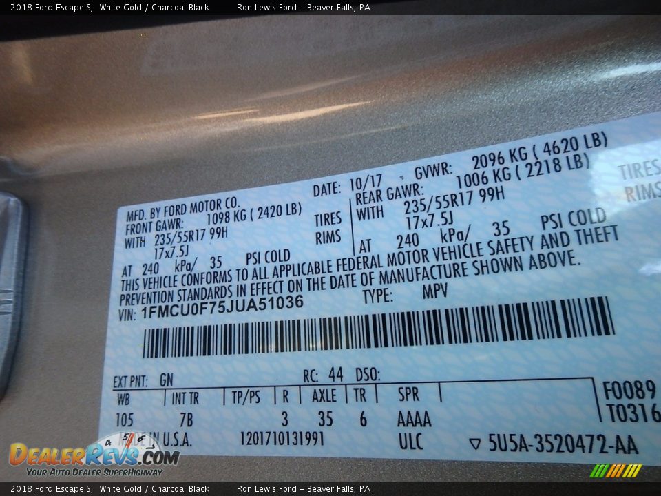 2018 Ford Escape S White Gold / Charcoal Black Photo #15