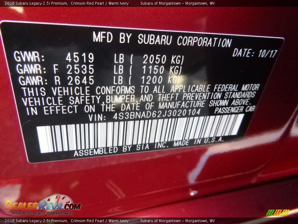 2018 Subaru Legacy 2.5i Premium Crimson Red Pearl / Warm Ivory Photo #16