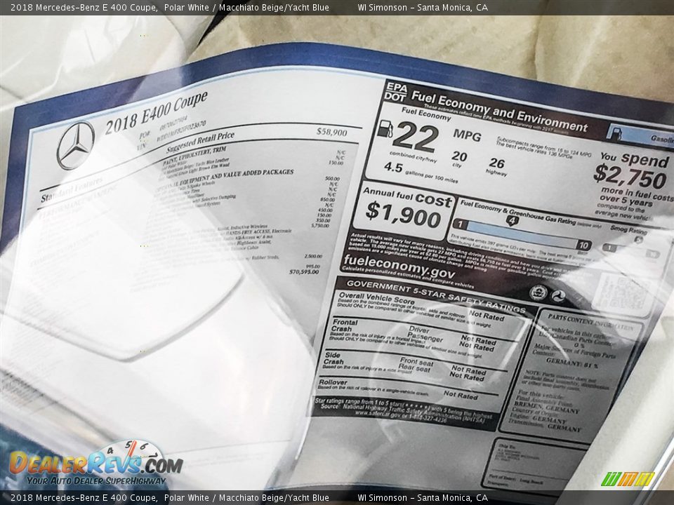 2018 Mercedes-Benz E 400 Coupe Polar White / Macchiato Beige/Yacht Blue Photo #11