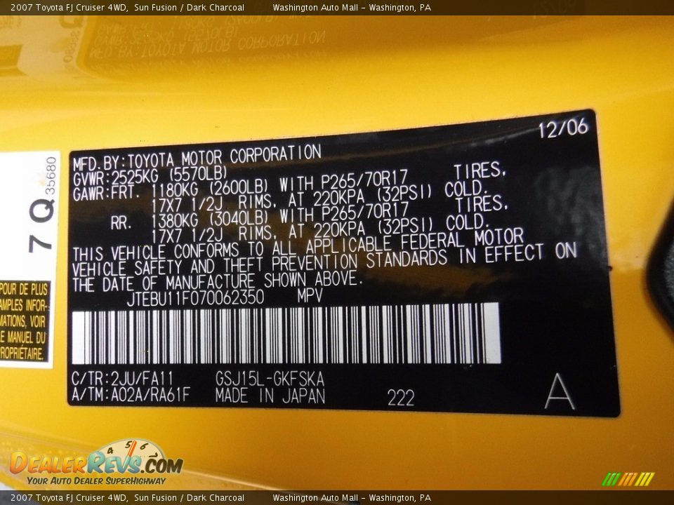 2007 Toyota FJ Cruiser 4WD Sun Fusion / Dark Charcoal Photo #24