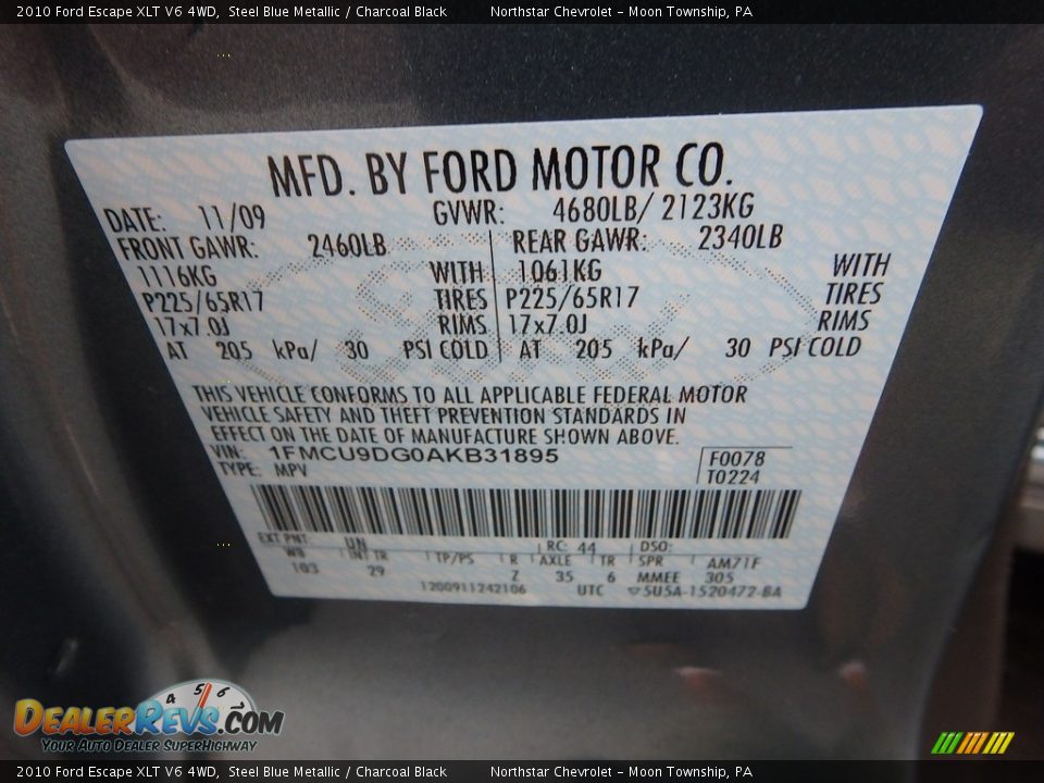2010 Ford Escape XLT V6 4WD Steel Blue Metallic / Charcoal Black Photo #29