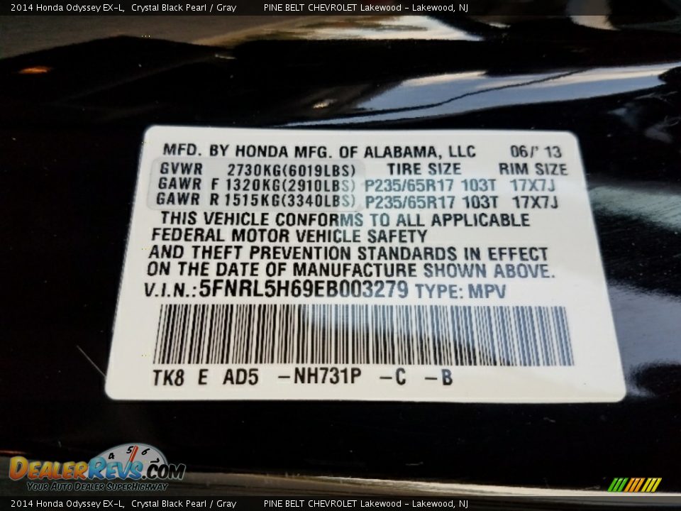 2014 Honda Odyssey EX-L Crystal Black Pearl / Gray Photo #21