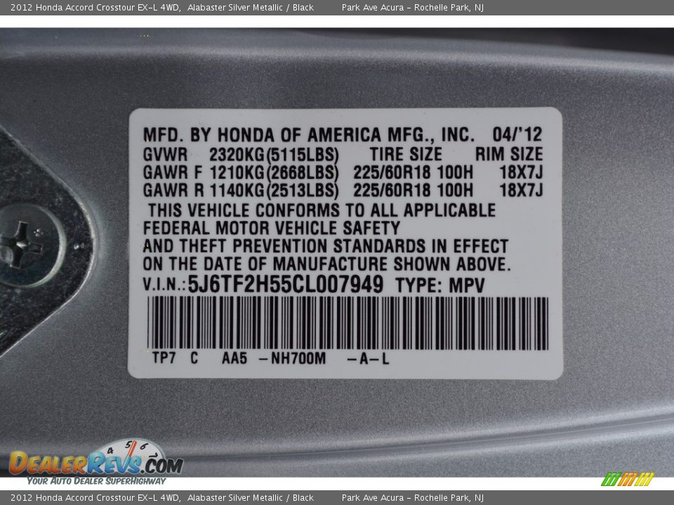 2012 Honda Accord Crosstour EX-L 4WD Alabaster Silver Metallic / Black Photo #35