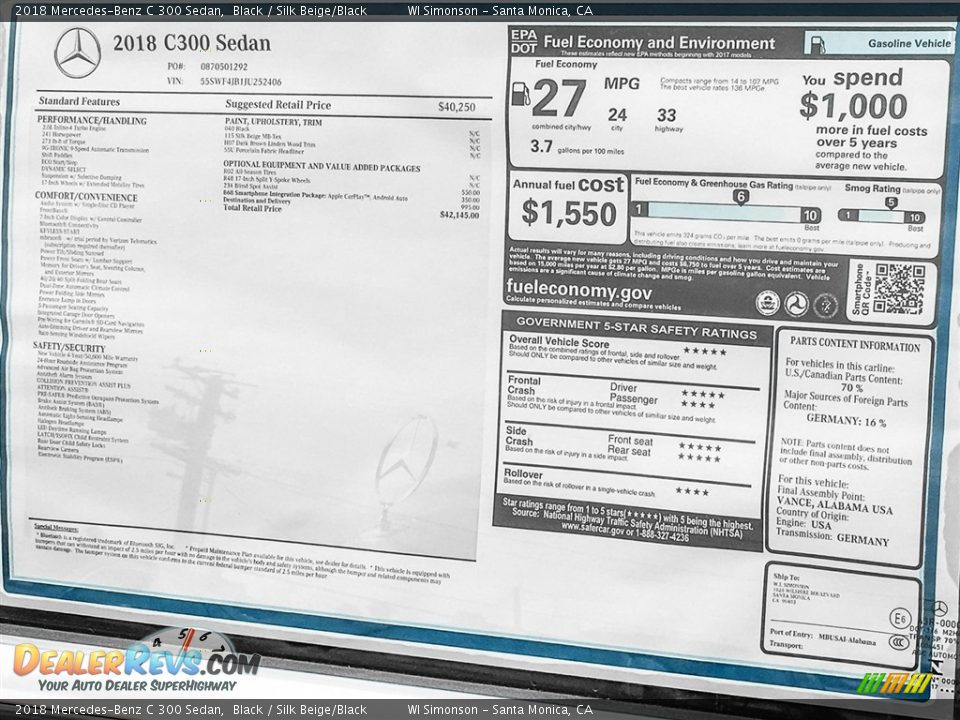 2018 Mercedes-Benz C 300 Sedan Black / Silk Beige/Black Photo #11