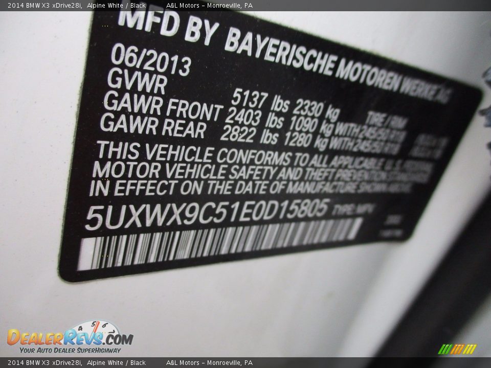 2014 BMW X3 xDrive28i Alpine White / Black Photo #19