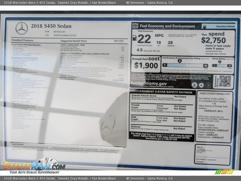 2018 Mercedes-Benz S 450 Sedan Window Sticker Photo #11