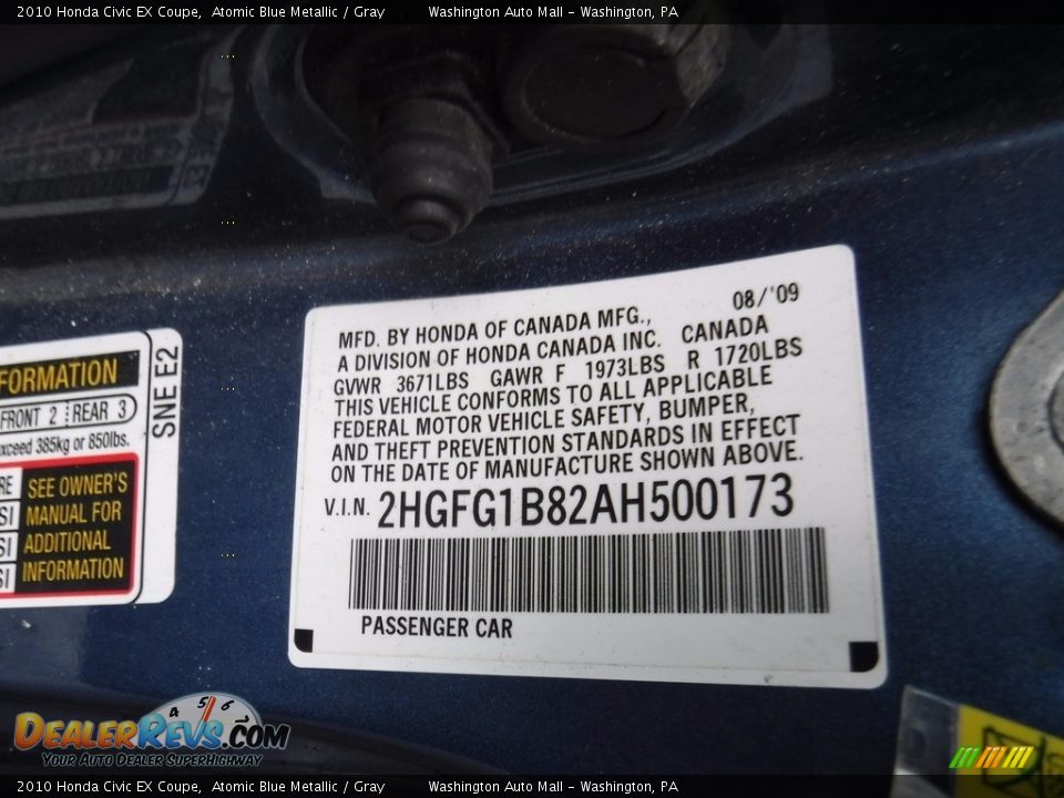 2010 Honda Civic EX Coupe Atomic Blue Metallic / Gray Photo #24