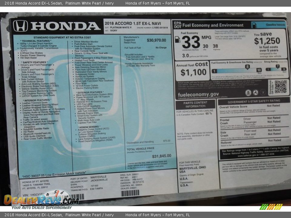 2018 Honda Accord EX-L Sedan Window Sticker Photo #27