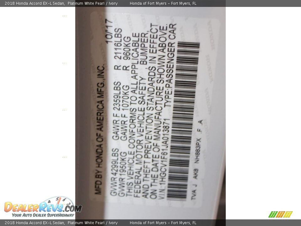 2018 Honda Accord EX-L Sedan Platinum White Pearl / Ivory Photo #28