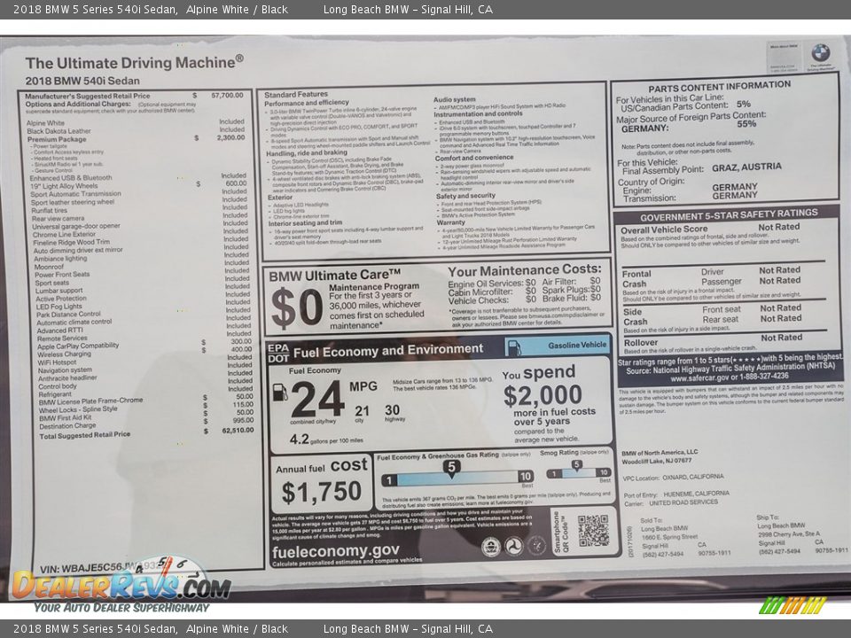 2018 BMW 5 Series 540i Sedan Alpine White / Black Photo #10