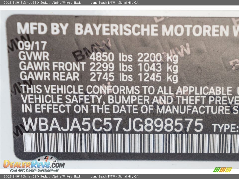 2018 BMW 5 Series 530i Sedan Alpine White / Black Photo #10