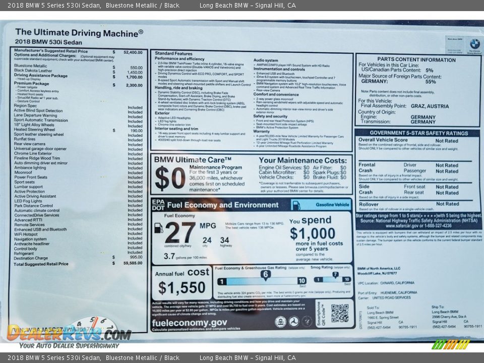 2018 BMW 5 Series 530i Sedan Window Sticker Photo #10