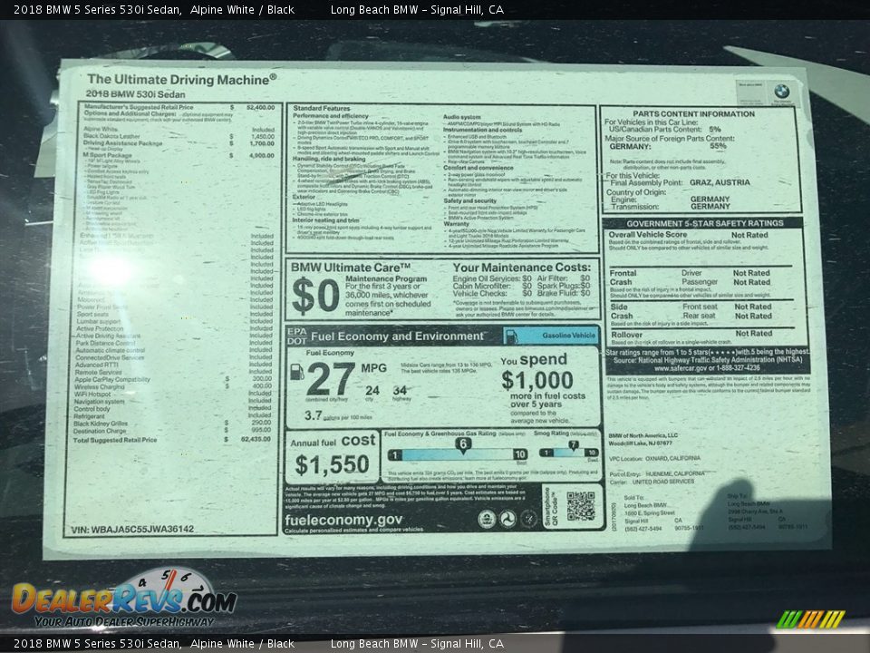 2018 BMW 5 Series 530i Sedan Alpine White / Black Photo #10