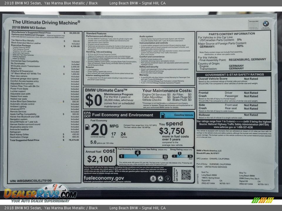 2018 BMW M3 Sedan Window Sticker Photo #10