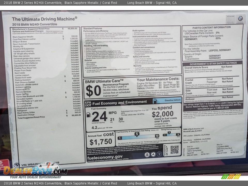 2018 BMW 2 Series M240i Convertible Window Sticker Photo #10