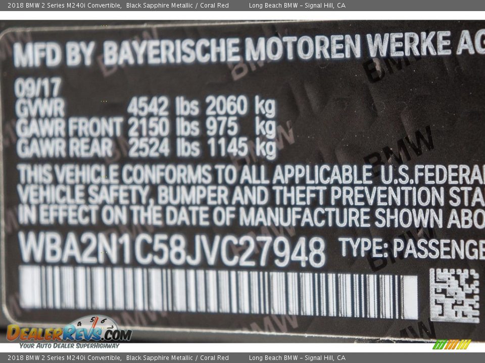 2018 BMW 2 Series M240i Convertible Black Sapphire Metallic / Coral Red Photo #11