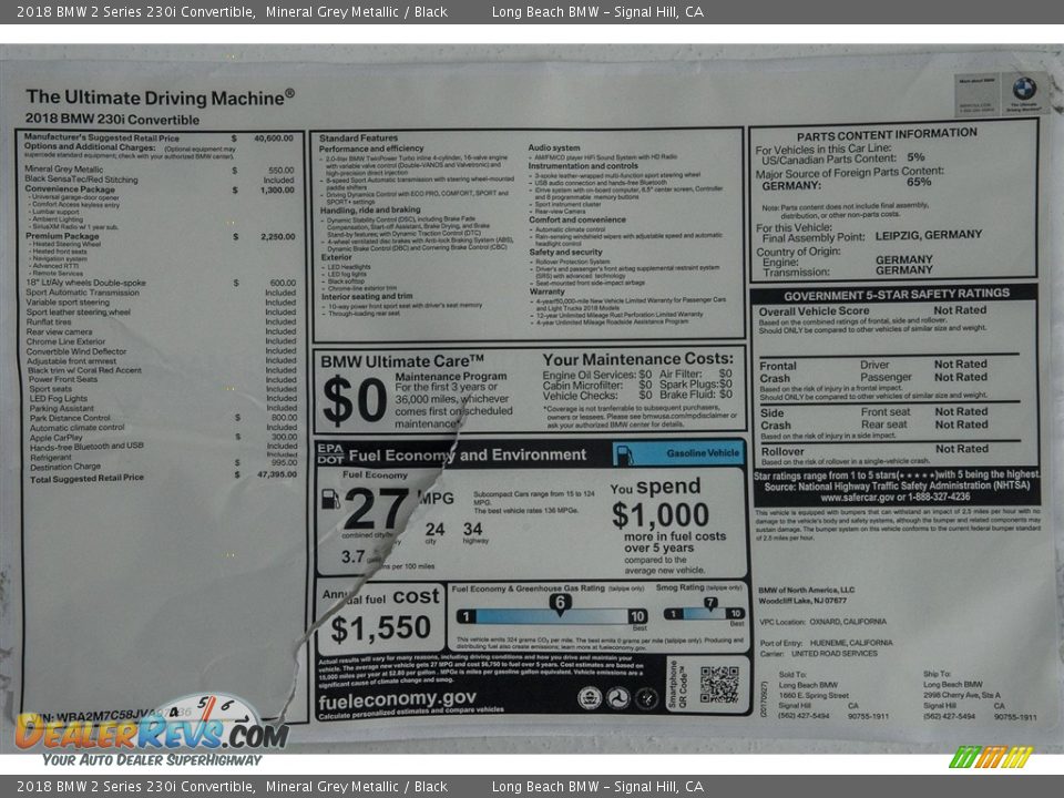 2018 BMW 2 Series 230i Convertible Window Sticker Photo #10