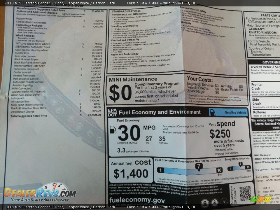 2018 Mini Hardtop Cooper 2 Door Window Sticker Photo #6