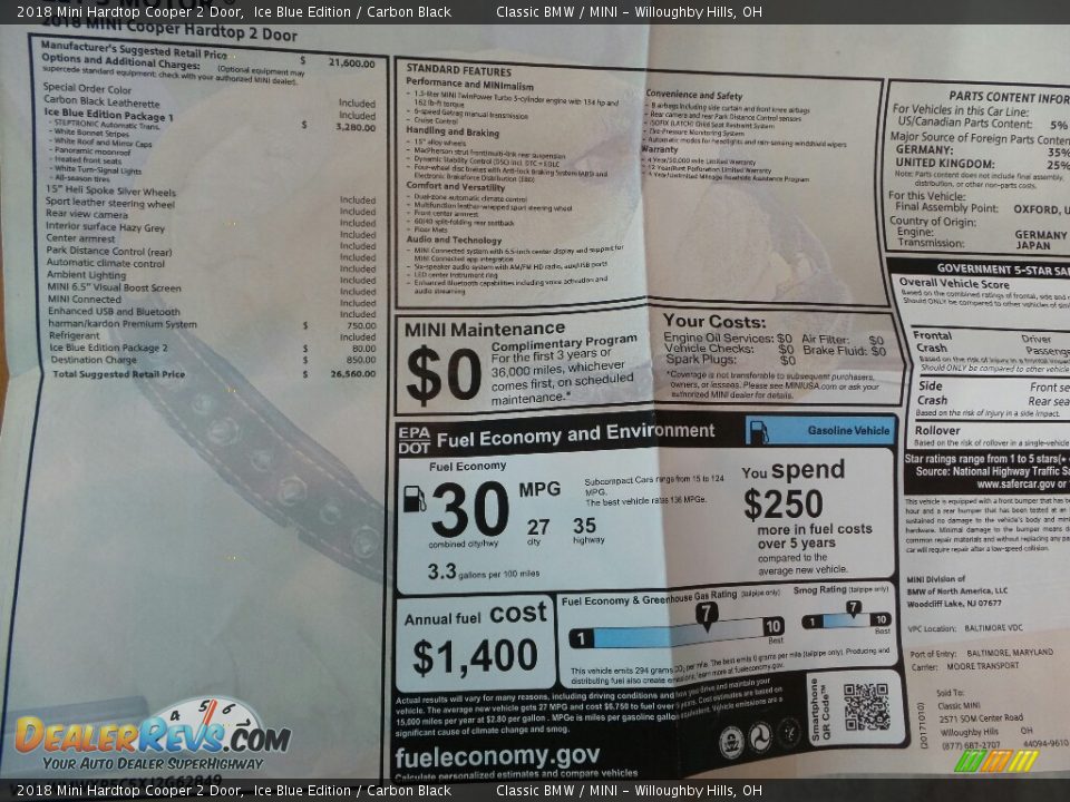 2018 Mini Hardtop Cooper 2 Door Window Sticker Photo #6