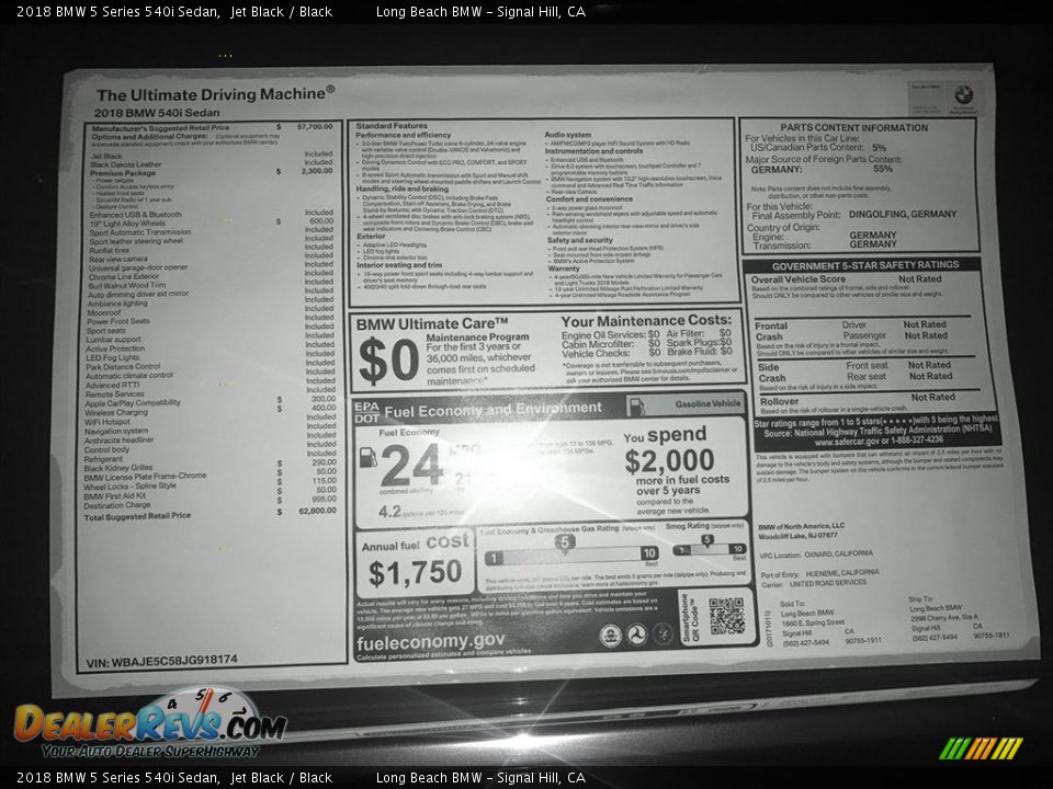 2018 BMW 5 Series 540i Sedan Jet Black / Black Photo #10