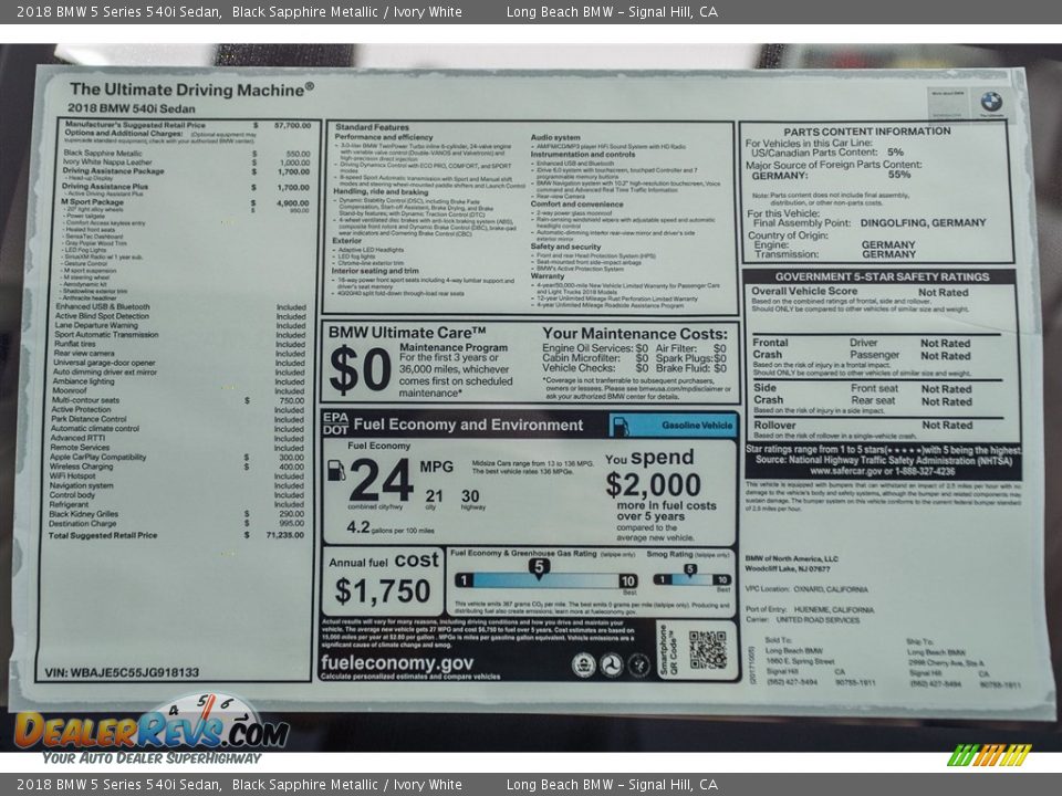 2018 BMW 5 Series 540i Sedan Window Sticker Photo #10