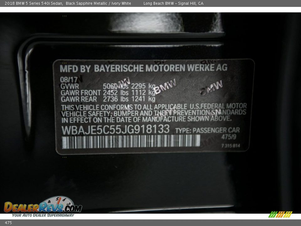 BMW Color Code 475 Black Sapphire Metallic