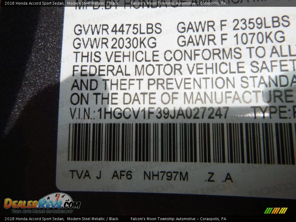 2018 Honda Accord Sport Sedan Modern Steel Metallic / Black Photo #12