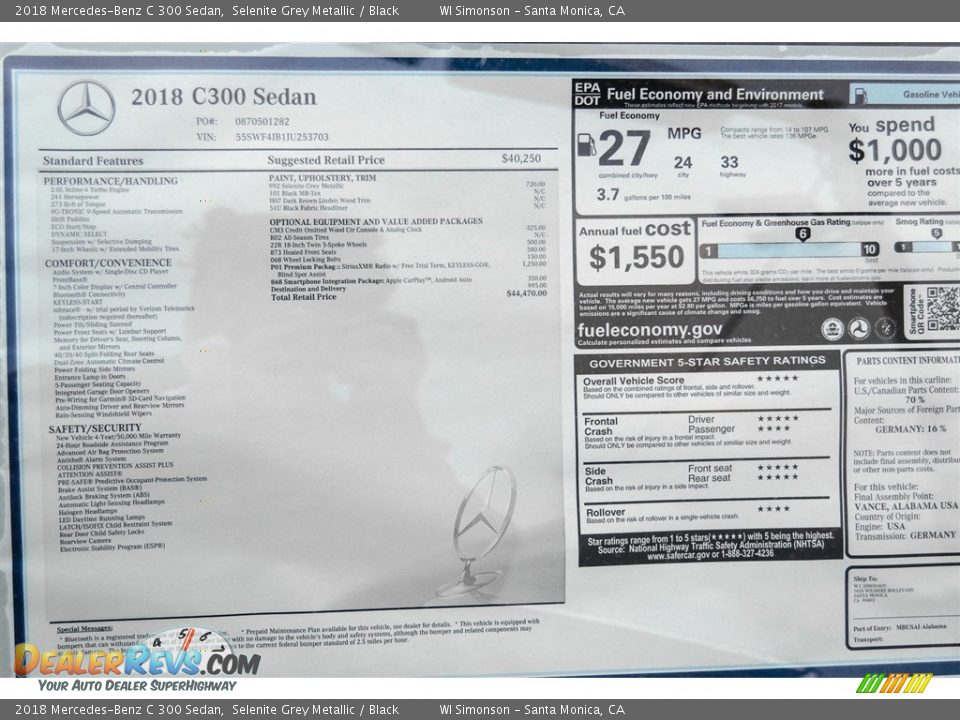 2018 Mercedes-Benz C 300 Sedan Selenite Grey Metallic / Black Photo #11