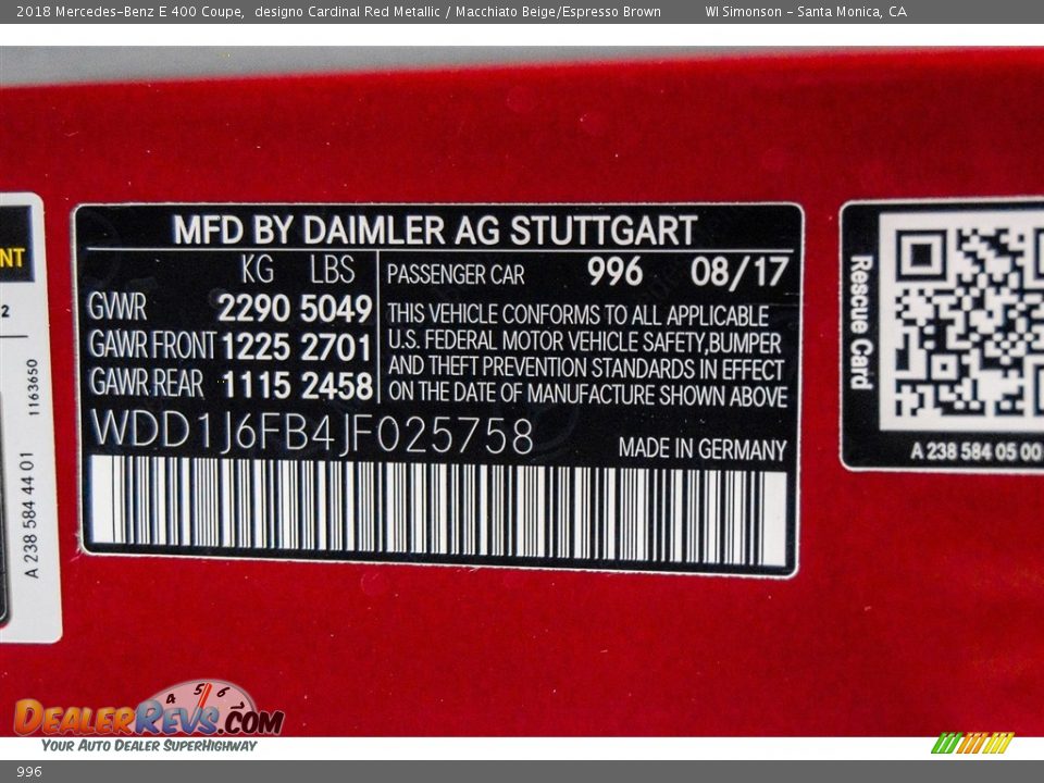 Mercedes-Benz Color Code 996 designo Cardinal Red Metallic