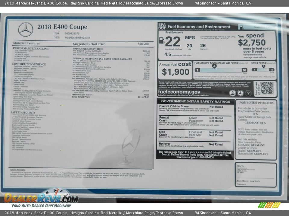 2018 Mercedes-Benz E 400 Coupe Window Sticker Photo #11