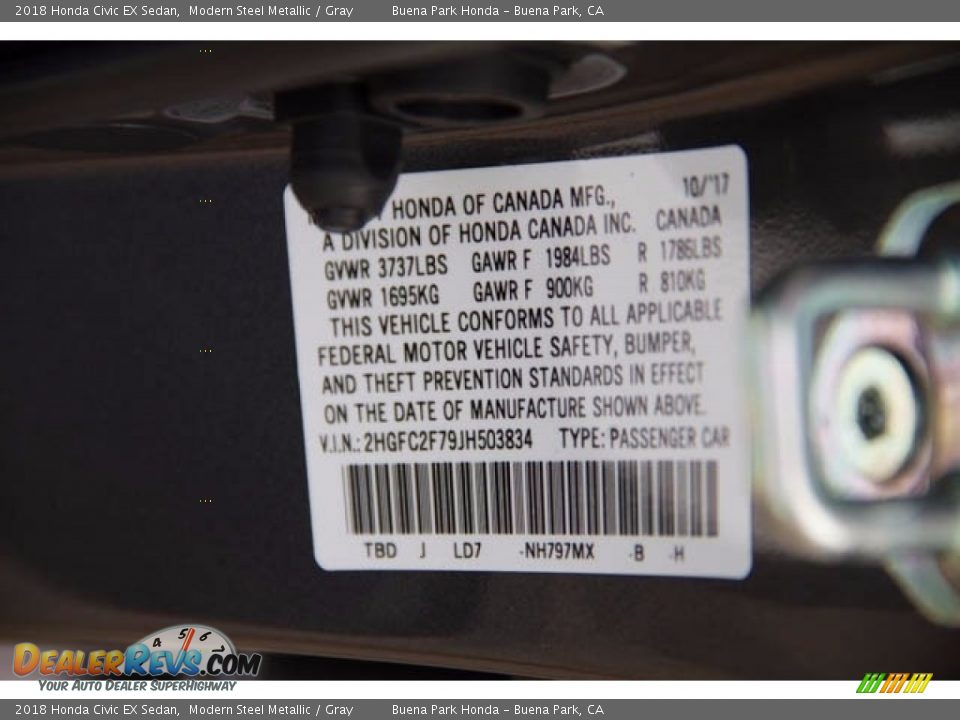 2018 Honda Civic EX Sedan Modern Steel Metallic / Gray Photo #18