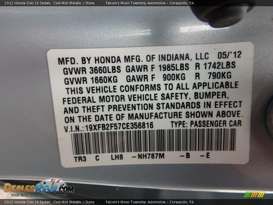 2012 Honda Civic LX Sedan Cool Mist Metallic / Stone Photo #24