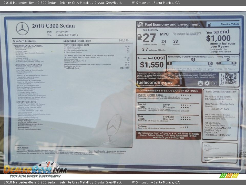 2018 Mercedes-Benz C 300 Sedan Selenite Grey Metallic / Crystal Grey/Black Photo #11