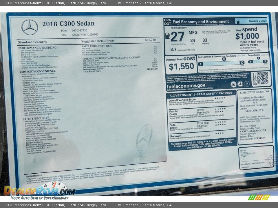 2018 Mercedes-Benz C 300 Sedan Black / Silk Beige/Black Photo #12